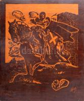 Lovas. Vésett és lakkozott fa kép, jelzett, 63x52 cm