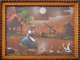 Magyaros témájú kézzel festett selyemkép. Üvegezett keretben 21x24 cm