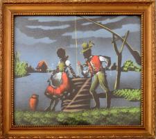 Magyaros témájú kézzel festett selyemkép. Üvegezett keretben 21x24 cm