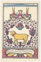 Boldog Húsvéti Ünnepeket! Nyomtatta és kiadja Kner Izidor, Gyoma / Hungarian Easter art postcard with rabbits and lamb s: Kozma