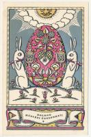 Boldog Húsvéti Ünnepeket! Nyomtatta és kiadja Kner Izidor, Gyoma / Hungarian Easter art postcard with rabbits and Easter egg s: Kozma