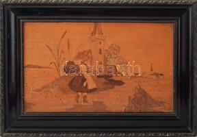 cca 1930 Erdélyi táj, menyecskével. Intarzia, apró lyukakkal 24x34 cm Keretben