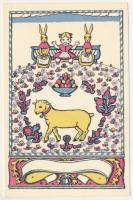 Húsvét. Nyomtatta és kiadja Kner Izidor, Gyoma / Hungarian Easter art postcard with rabbits and lamb s: Kozma