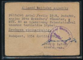 1954 Bp., Állandó belépés engedély főmester részére, Honvédelmi Gépjárműjavító Vállalat