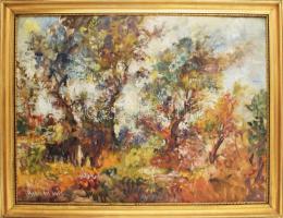 Hermann Lipót (1884-1972): Vöröses barna táj. Olaj, vászon. Jelezve balra lent. fakeretben. Hátoldalon autográf felirattal, régi BÁV címkével. 60x80 cm