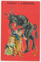 Üdvözlet a Krampusztól / Krampus with children. litho (kopott sarkak / worn corners)
