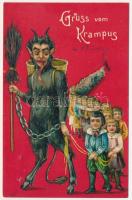 Grüss vom Krampus / Krampus with handcuffed children. Emb. litho (lyukak / pinholes)