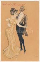 1911 Üdvözlet Krampustól / Krampus dancing with lady s: J. de Kieszkowski (EB)