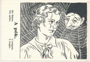 A pók. Antiszemita szovjet-ellenes propaganda lap. Kiadja a MNSzP (Magyar Nemzeti Szociális Párt) orsz. propaganda osztálya Debrecen, Beke-nyomda, Judaika / The Jewish spider. Hungarian anti-Semitic and anti-Soviet propaganda mocking art postcard. Judaica (EK)