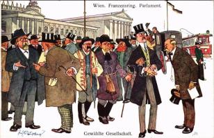 Wien, Vienna, Bécs; Franzenring, Parlament, Gewählte Gesellschaft. B.K.W.I. Serie 282/7. / selected society, tram, parliament s: Schönpflug (felületi kopás / worn surface)