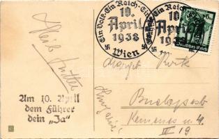 1938 Um 10. April dem Führer dein Ja / NSDAP German Nazi Party propaganda, swastika flags + So. Stpl...
