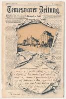 1902 Temesvár, Timisoara; Józsefvárosi pályaudvar, vasútállomás. Uhrmann Henrik kiadása, szecessziós montázs "Temesvarer Zeitung" újsággal / Josefstadt, Bahnhof / Iosefin railway station, Art Nouveau montage with newspaper (szakadás / tear)