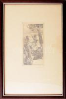 Kovács Tamás (1942-1999): Téli vadászat. Rézkarc, papír, jelzett. Üvegezett fakeretben, 19x10 cm