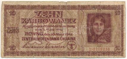 Ukrajna / Német megszállás 1942. 10K "7 0218236" T:G, kis szakadások Ukraine / German occupation 1942. 10 Karbowanez "7 0218236" C:G, small tears Krause P#52
