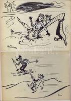 Ruszkay György (1924-1998): 2 db humoros karikatúra, tus-papír, jelzett 15x21 cm