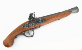 Kovás pisztoly replika, fa és fém, működő elsütő mechanikával, h: 36 cm