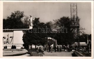 1939 Budapest XIV. Budapesti Nemzetközi Vásár BNV, Budapest Gázművei pavilon, tetején Konecsni György által tervezett art deco figura, Roessemann, Szabó Lajos Debrecen étterem + "A Nemzetközi Vásár köszönti a hazatérteket Budapest 1939" So. Stpl.
