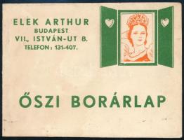 cca 1936 Elek Arthúr Budapest István úti italboltjának őszi borárlapja, kihajtható, grafikával (szign. Zsolt), ablakkivágással az első lapon, jó állapotban