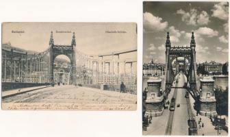 Budapest - 2 db RÉGI képeslap: Erzsébet híd belső, Gellérthegy, pesti oldal felé, villamos