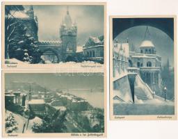 Budapest - 3 db RÉGI téli táj képeslap: Vajdahunyad vára, Halászbástya, kilátás a Gellérthegyről a Döbrentei tér felé
