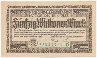 Németország / Weimari Köztársaság / Darmstadt 1923. 10.000.000M "220466 * D" szükségpénz vízjeles papíron T:AU-XF, hajtatlan de sarokhajlás Germany / Weimar Republic / Darmstadt 1923. 10.000.000 Mark "220466 * D" necessity money (notgeld) on watermarked paper C:AU-XF, unfolded but folded corner