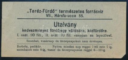 1915 Teréz-Fürdő természetes forrásvíz, Bp. VII. Hársfa utca 55. kedvezményes jegyutalványa, hátoldalt a fürdő pecsétjével, ritka!