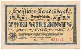 Németország / Weimari Köztársaság / Darmstadt 1923. 2.000.000M "051667 A" szükségpénz vízjeles papíron T:AU-XF, hajtatlan Germany / Weimar Republic / Darmstadt 1923. 2.000.000 Mark "051667 A" necessity money (notgeld) on watermarked paper C:AU-XF, unfolded