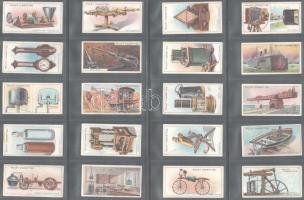 Wills's Cigarettes brit cigaretta-gyűjtőkártyák, 50 db-os komplett sorozat (híres találmányok), albumlapokon / British cigarette cards, complete series of 50 (Famous Inventions), in album sheets