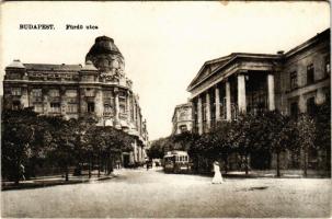 Budapest V. Fürdő utca, Budapesti Kereskedelmi Testület, villamos. Vasúti levelezőlapárusítás 43., K. J. Bp. (kopott élek / worn edges)