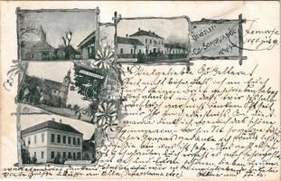 1898 (Vorläufer) Somorja, Csallóköz-Somorja, Somorin, Samorín; Kálvin tér, kaszárnya, Római katolikus plébánia, Polgári iskola. Szecessziós-virágos keret / square, K.u.K. military barracks, Catholic church and parish, school. Art Nouveau, floral (gyűrődés / crease)