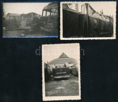1956 Az 56-os harcokban megsérült, buszdepóba vontatott Ikarus autóbuszról készített 3 db fotó, hátoldalon dátumozva, jó állapotban, 9×6 cm