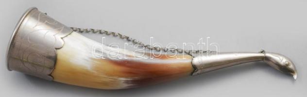 Szaru tülök, fém szerelékkel, h: 22 cm