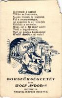 Szeged, Wolf Andor bornagykereskedő reklámlapja, vers a jó borról. Kárász utca 6/a (b)