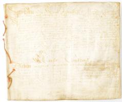 cca XVIII. sz közepe. Pergamenre írt 14 oldalas szerződés, nehezen olvasható, tintamarásos