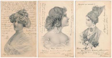 3 db RÉGI romantikus zsáner képeslap: hölgyek / 3 pre-1905 romantic postcards: ladies