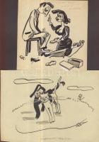 Ruszkay György (1924-1998): 2 db humoros karikatúra, tus-papír, jelzett 15x21 cm