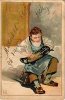 1899 (Vorläufer) Cipőpucoló fiú. Világosság felé tartandó lap. Kunstanstalt Kosmos No. 169. / Gegen das Licht zu halten / shoeshine boy, hold to light. litho (fl)