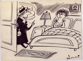 Várnai György (1921-1991): Éjszakai fogorvosi ügyelet humoros karikatúra, tus-papír, jelzett 21x15 cm