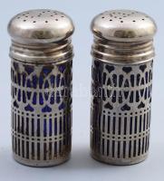 Királykék só- és borsszóró, fém szerelékkel, korrodált, m: 9,5 cm