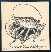 Haranghy Jenő (1894-1951): Pekry Ádám könyve (ex libris), 1927. Vonalas klisé, papír, jelzett a klisén, a hátoldalon a művész bélyegzőjével, 6x6 cm