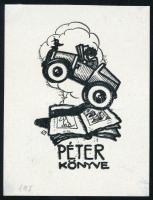 Haranghy Jenő (1894-1951): Péter könyve (ex libris). Vonalas klisé, papír, jelzett a klisén, a hátoldalon a művész bélyegzőjével, 6,5x5 cm