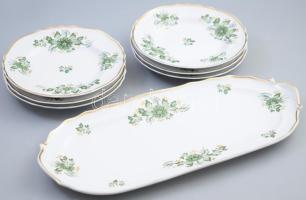 Hollóházi Erika mintás süteményes készlet, jelzett, hibátlan, tálca h: 39 cm, tálak d: 18,5 cm