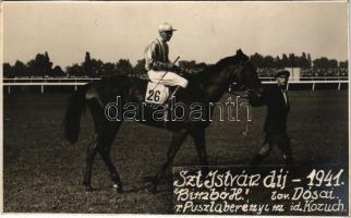 1941 Budapest XIV. Az 52. Szent István díj nyertese Dósai (Dózsai) zsoké "Bimbó H." telivérrel, lóverseny, galopp. photo