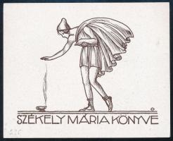 Haranghy Jenő (1894-1951): Székely Mária könyve (ex libris), 1929. Vonalas klisé, papír, jelzett a klisén, a hátoldalon a művész bélyegzőjével, 6,5x8 cm