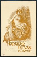 Haranghy Jenő (1894-1951): Madarász István könyve (erotikus ex libris). Vonalas klisé, papír, jelzett a klisén, a hátoldalon a művész bélyegzőjével, 12,5x8 cm