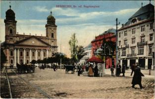 1914 Debrecen, Református nagytemplom, piac, hirdetőoszlop reklámokkal (fl)