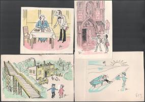 Szegő Gizi (1902-1985): 8 db karikatúra. Vegyes technika, papír, mind jelzett és hátoldalán "Lu...