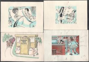Szegő Gizi (1902-1985): 7 db karikatúra. Vegyes technika, papír, mind jelzett és hátoldalán "Ludas Matyi Szerkesztősége" bélyegzővel. kb 20x15 cm méretekben