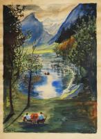 Tóth Tibor (1962-2001): Alpesi tó, Akvarell, papír, jelzett, üvegezett keretben 32x23 cm
