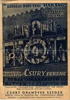 1950 Szeged, Dóm téri harang- és bábjátékos óramű. A Csúry Óraművek, Csúry Ferenc toronyórakészítő reklámlapja, hátoldalon Csúry László levele (fa)